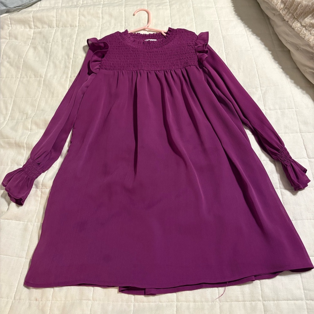 Girls' Smocked Yoke Ruffle Long-Sleeve Dress in Magenta